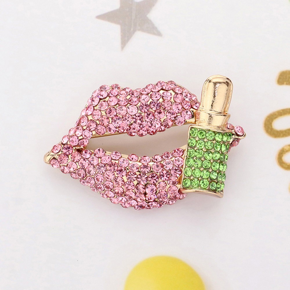 3PCS Rhinestone Lips Lipstick Brooch Pin Set Crystal Fashion Lapel Pin Gift Wome
