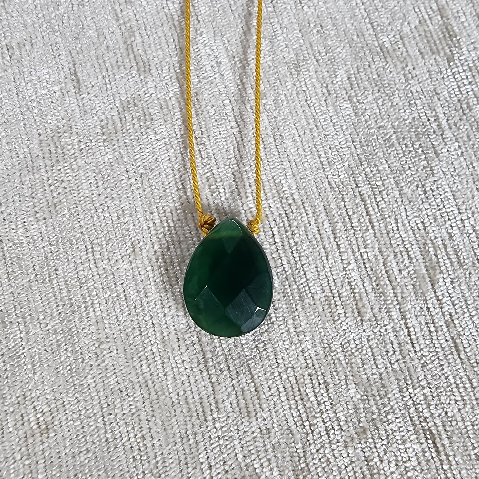 Faceted Jade Gemstone Pendant Strung Necklace Yellow Thread Boho Layering 9.5 in
