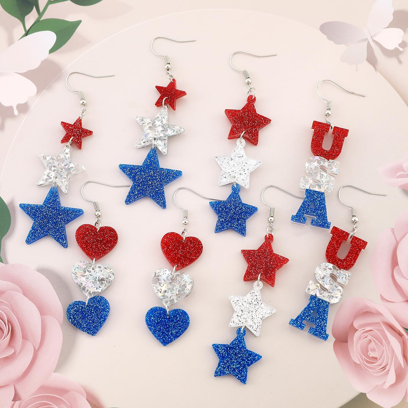 4 Pairs 4Th of July Earrings for Women Heart Star USA Acrylic Dangle Earrings Se