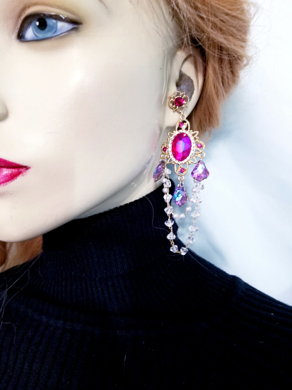Pink Drop Rhinestone Crystal Earrings Chandelier Pageant Prom Statement 4.1 in
