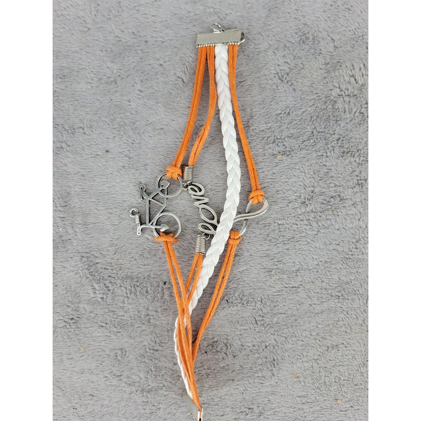 Orange White Braided Cord Bicycle Love Infinity Charm Bracelet Silver Tone