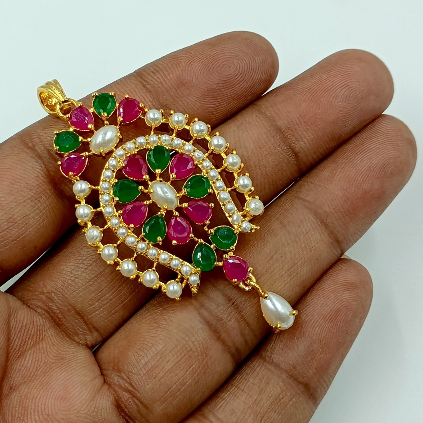 South Indian Ruby Emerald Pearl Pendant Set 22k Gold Plated Bridal Set