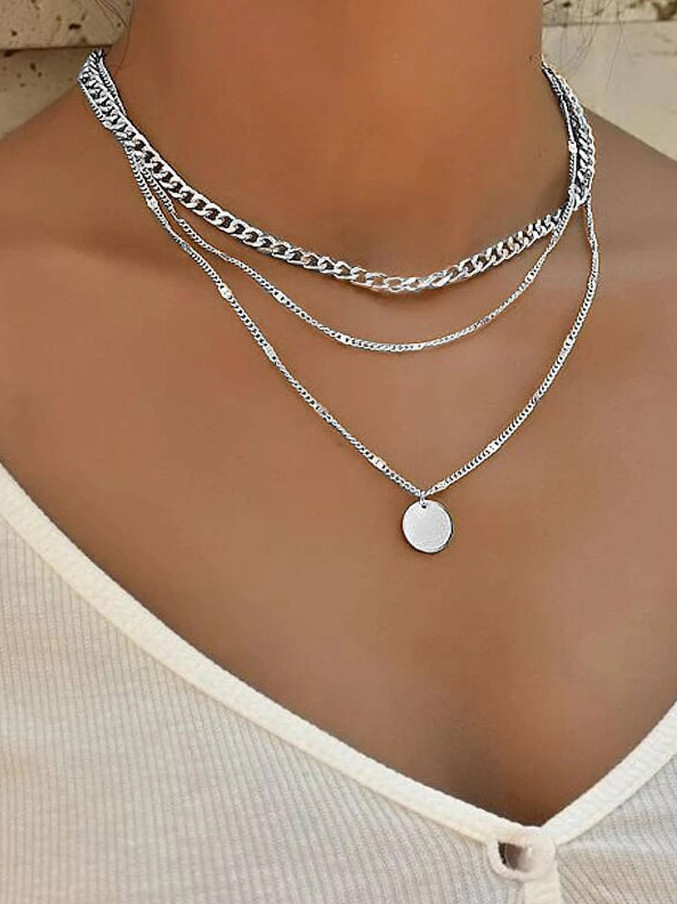 Silver Women 3 Three Layered Choker Pendnat Necklace Fashion Jewelry – Party