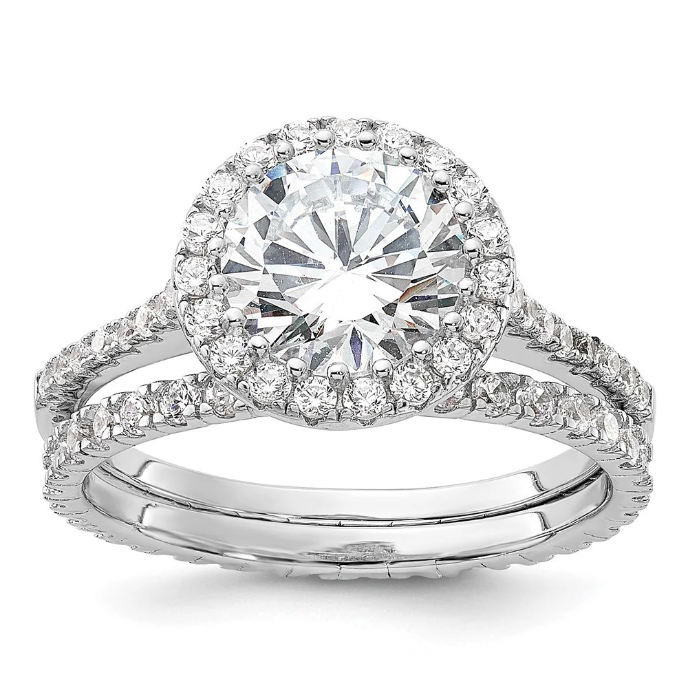 Sterling Silver Rhodium-Plated 11mm CZ Halo Engagement/Eternity Band 2 Ring Set
