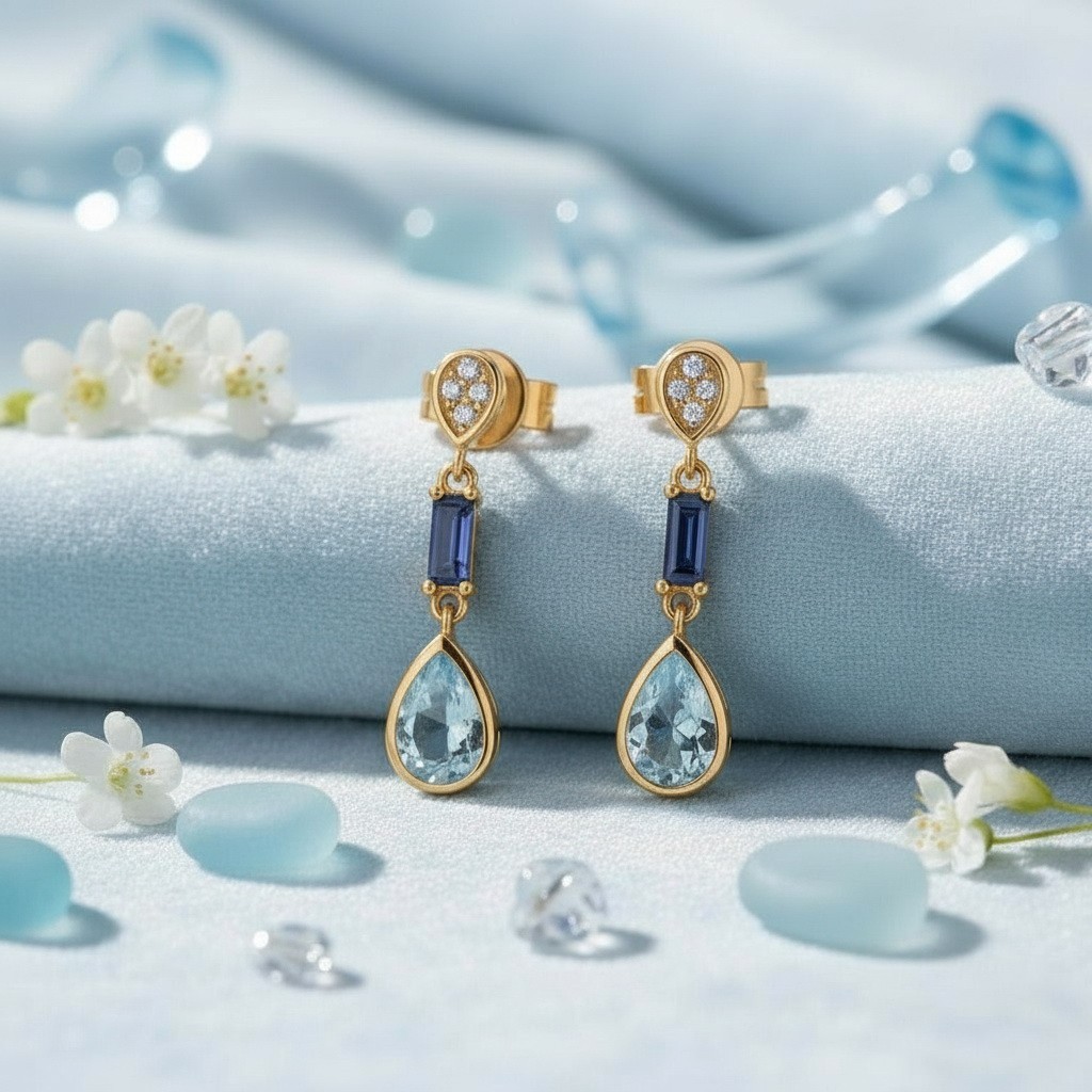925 Sterling Silver Sky Blue Topaz Drop Earrings | Pear Cut Topaz & Baguette