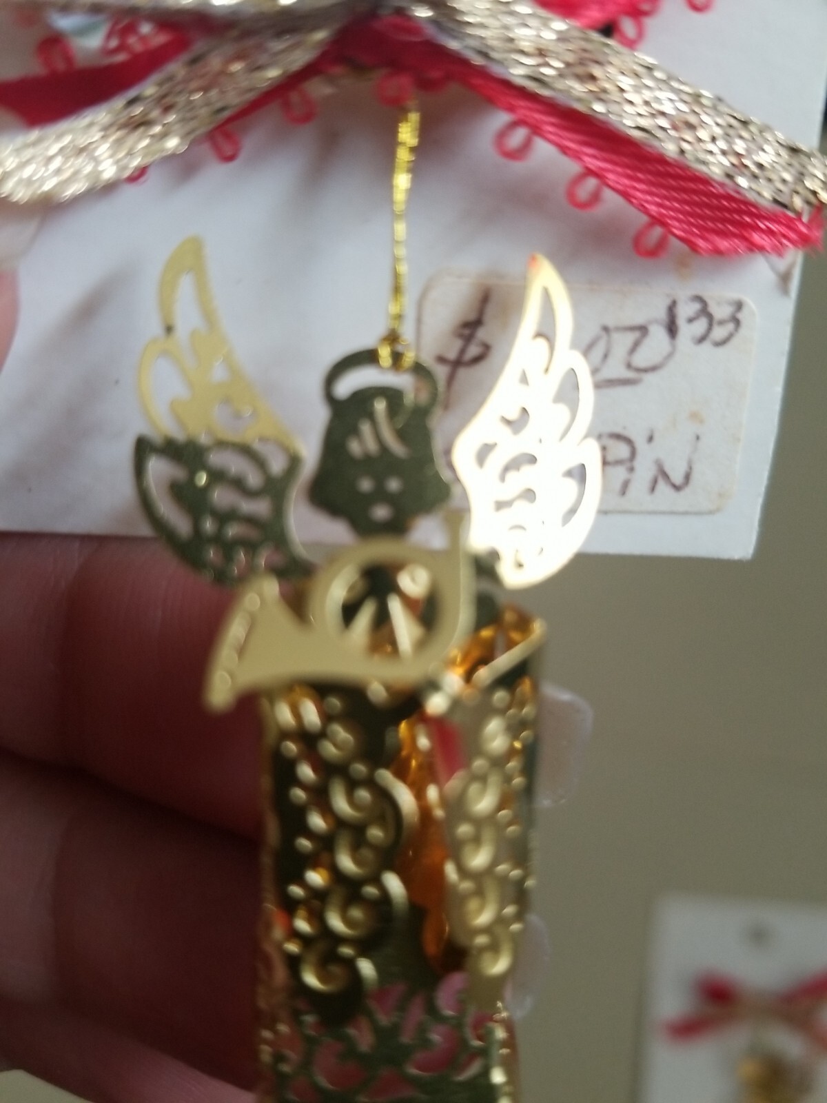 Angel Lapel Broch Scarf Gold Tone Pin With Red Ribbon Bow 2 Inches Horn