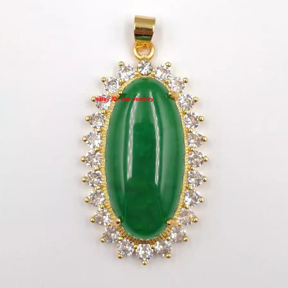 Yellow Plated Alloy Heated Oval Green Jade Pendant Vintage Chinese Style 48mm H