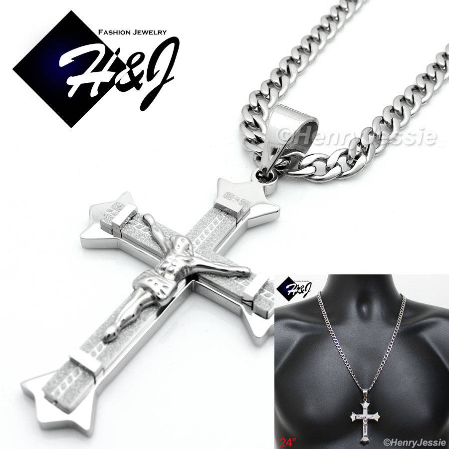 24″MEN’s Stainless Steel 6mm Silver Cuban Curb Chain Necklace Cross Pendant*MJ28