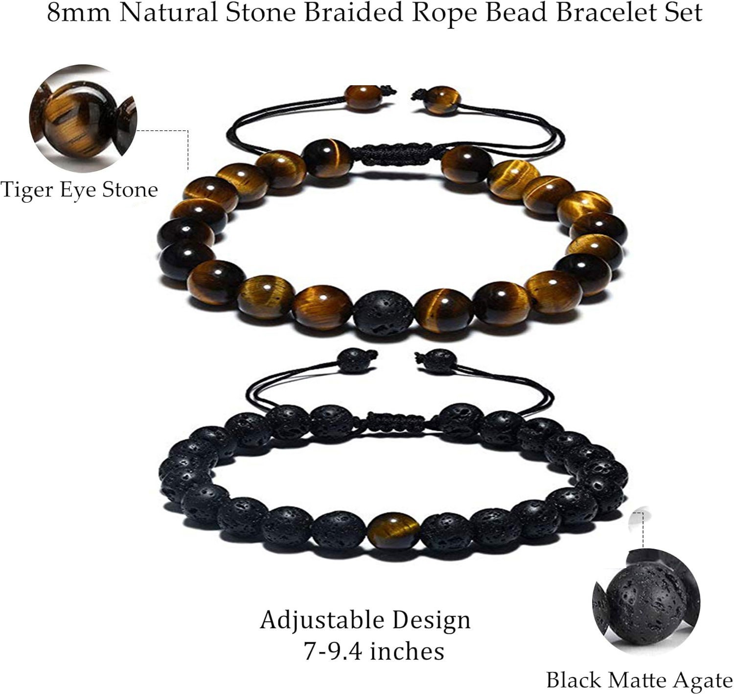 2Pcs Natural Tiger Eye Lava Stone Bracelets 8mm Adjustable Healing Energy Men