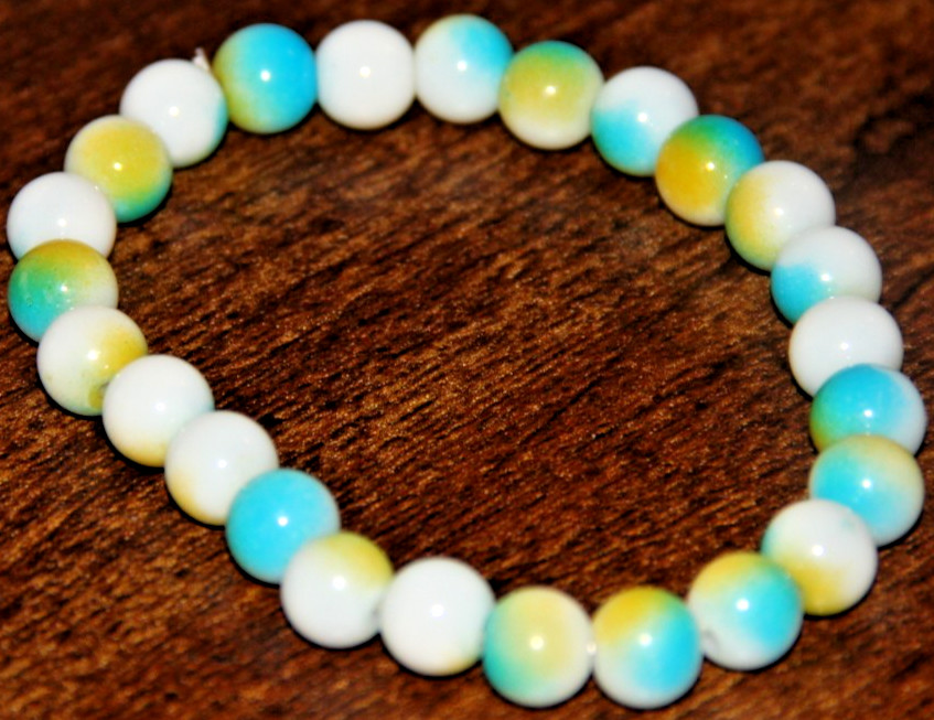 White Blue Yellow Splotch Round Glass Bead Stretch Bracelet Fashion Jewelry Boho