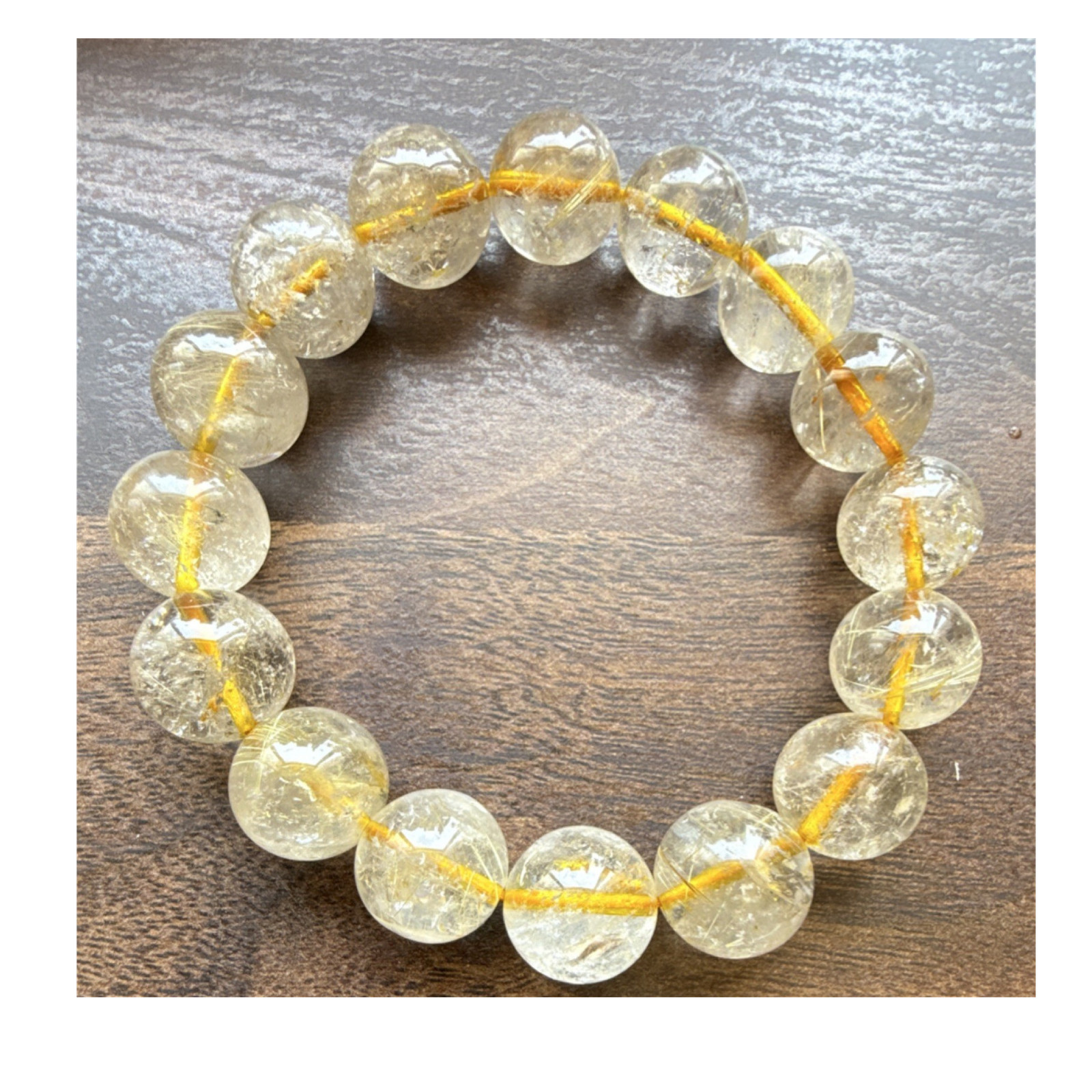 Golden Rutile Quartz Stone Stretch Beaded Bracelet Round 14mm Beads No Clasp