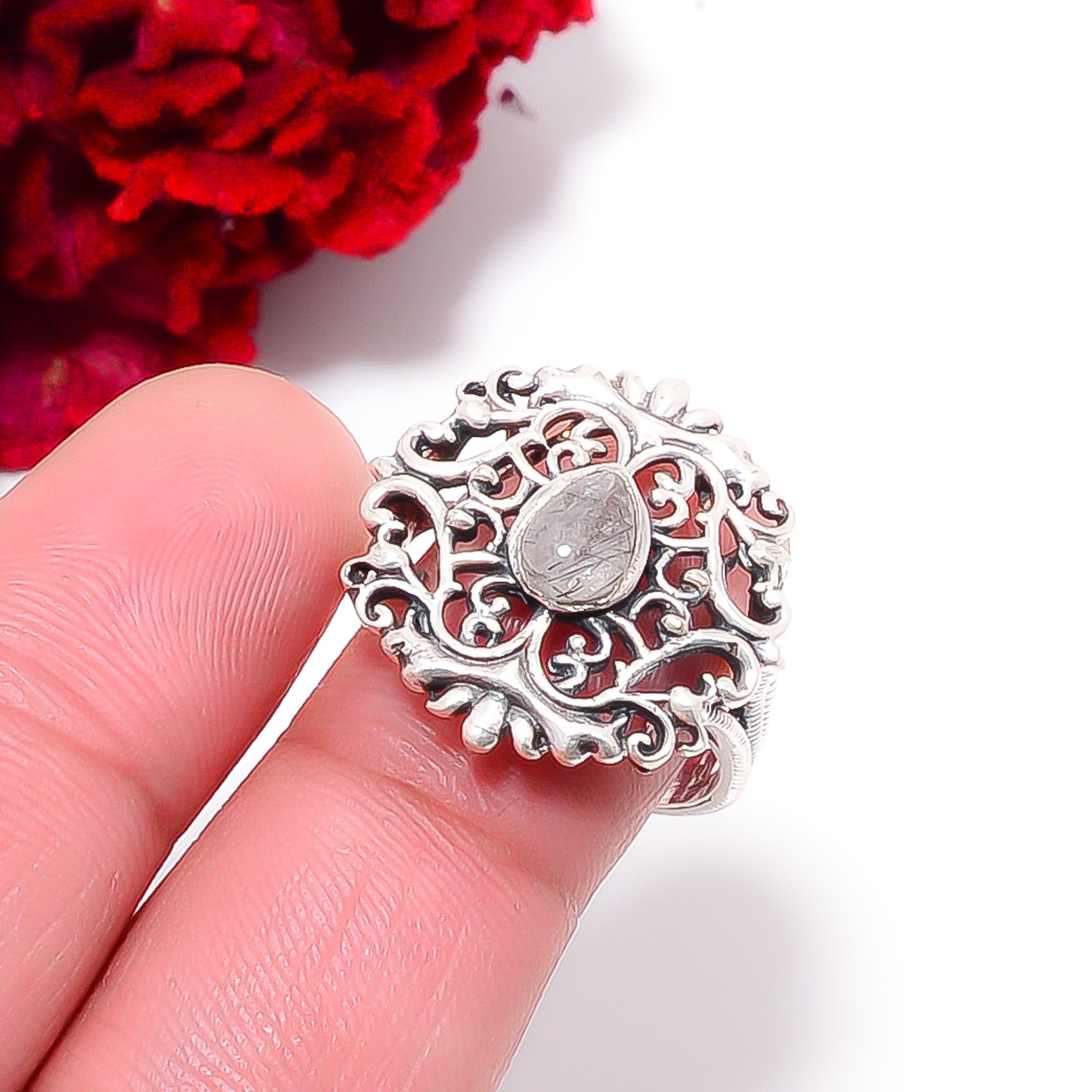 Black Rutilated Quartz – Brazil Handmade 925 Sterling Silver Ring S.8.5 R98019