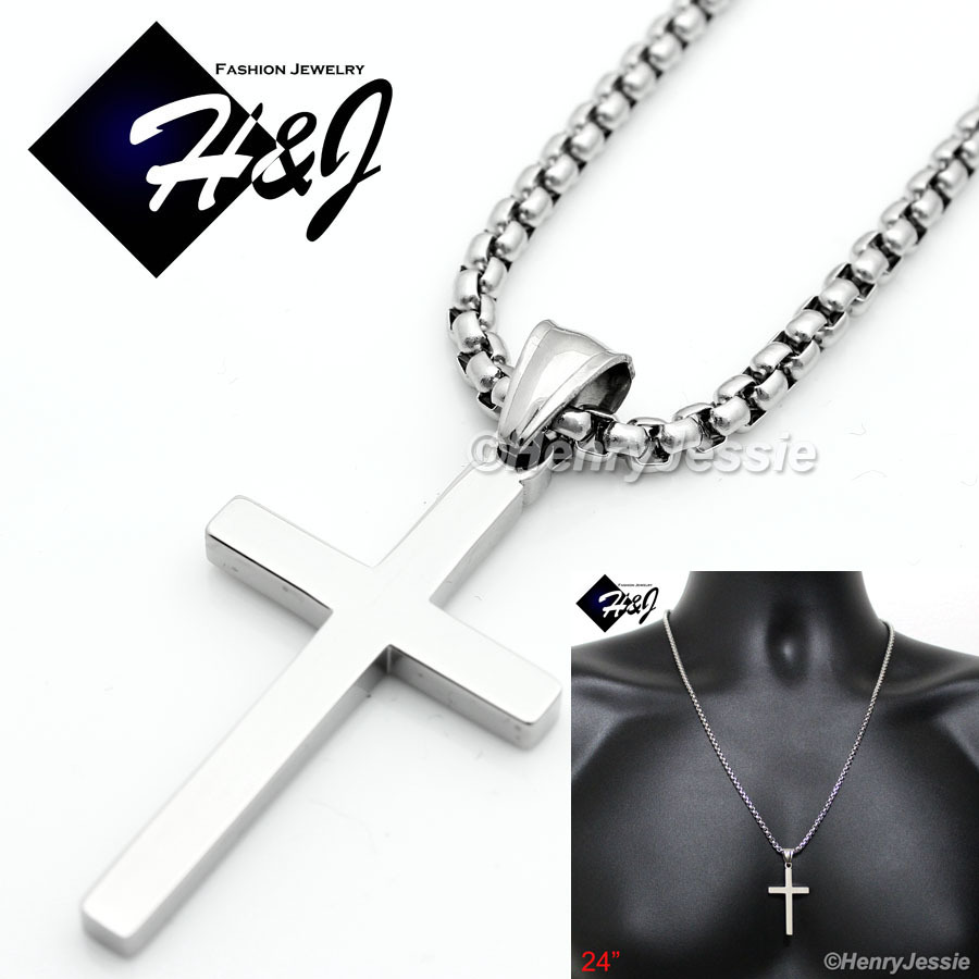 24″MEN Stainless Steel 2mm Silver Smooth Box Chain Necklace Cross Pendant*SP
