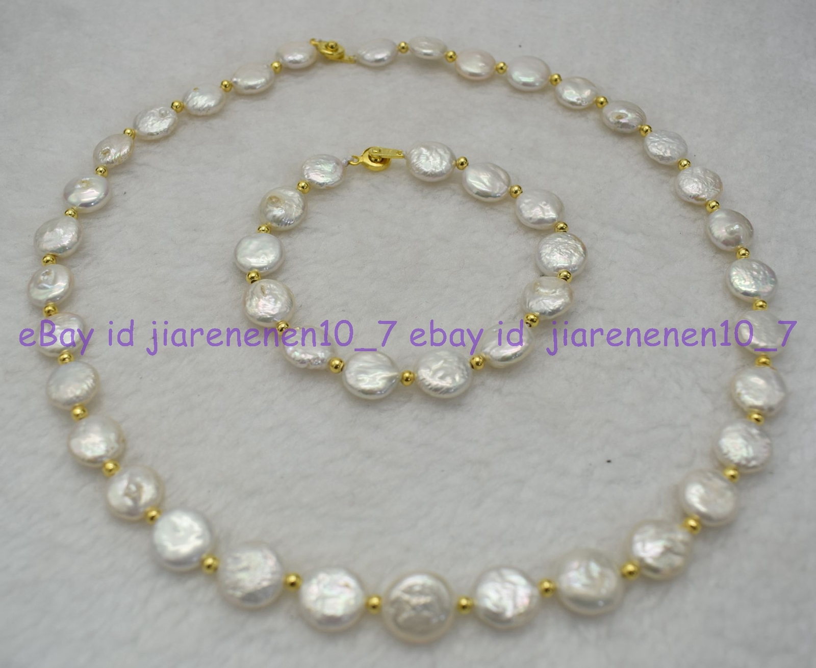Natural 11-12mm White Coin Freshwater Pearl Necklace Bracelet 18&7.5in Z2283