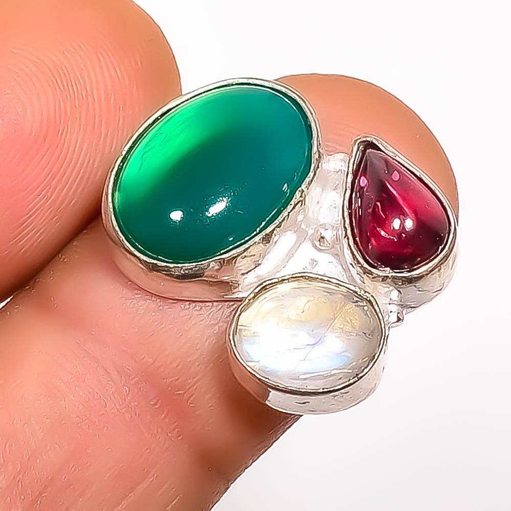 Green Onyx & Moonstone – Shri Lanka Gemstone 925 Silver Plated Ring s.7 TR1669