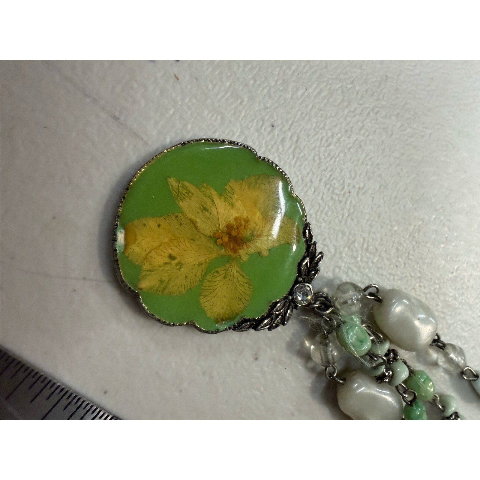 Vintage Pressed Flower Resin Pendant Multi Strand Beaded Necklace Green Yellow