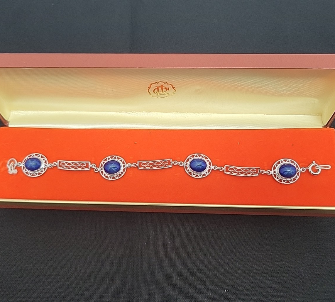 VTG Art Deco Style Blue Star Glass Sapphire Tennis Bracelet 1/20 12KGF
