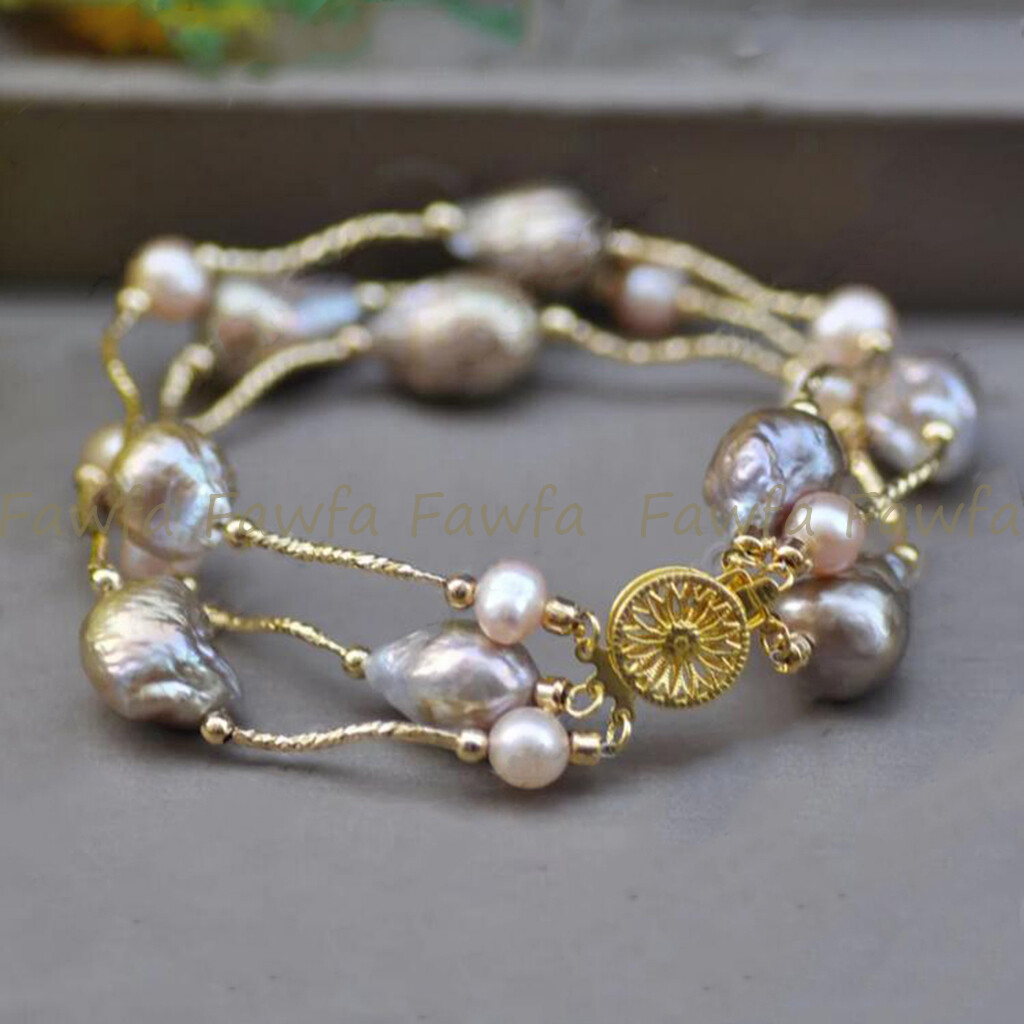 3 Rows Natural 11-13mm Multicolor Baroque Edison Keshi Pearl Beads Bracelet 8”