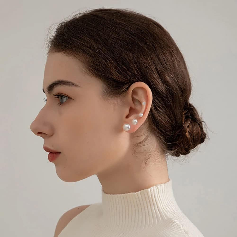 12 Pairs Pearl Studs Earrings for Women, Stainless Steel Hypoallergenic White Fa