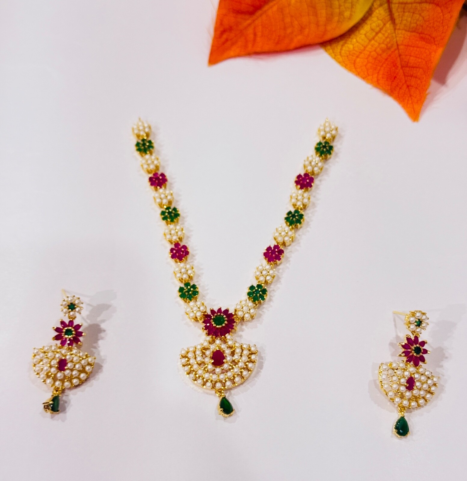 Colorful Floral Pearl Necklace | Ruby Emerald Green Gold Plated Indian Necklace