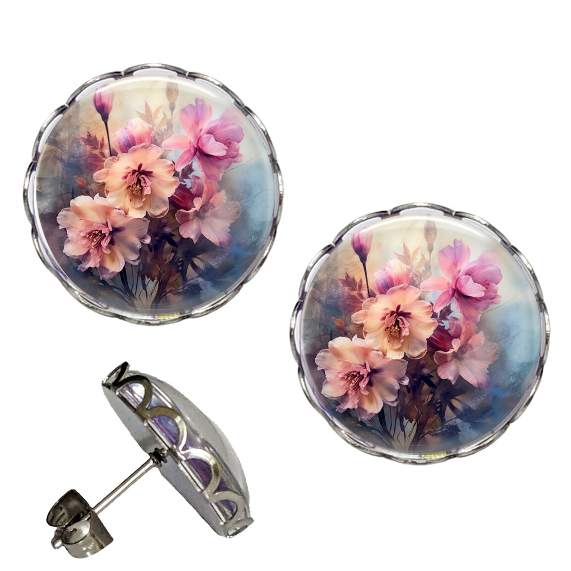 Summer Charm Pink Peonies Earrings NO TARNISHING Scalloped Studs Waterproof