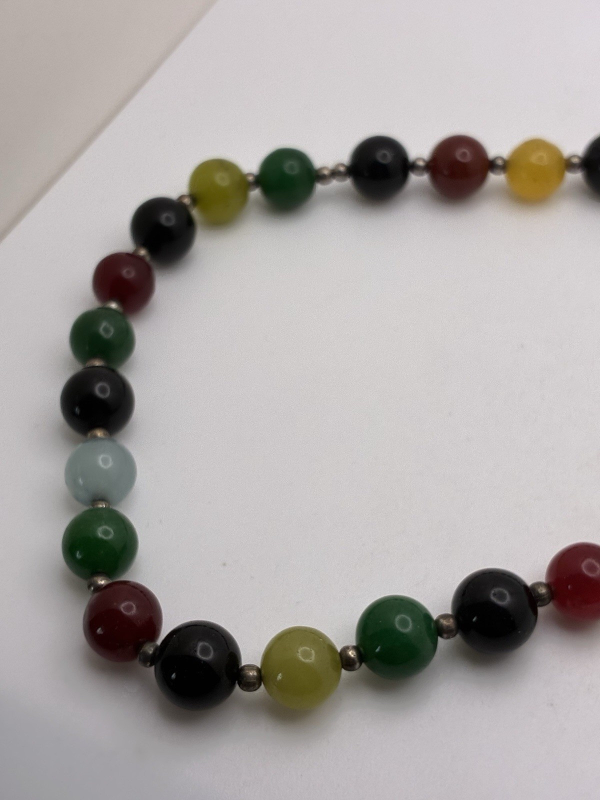Multi Color Glass Beaded Necklace Silver Tone Clasp 20” Yellow Green Black Red