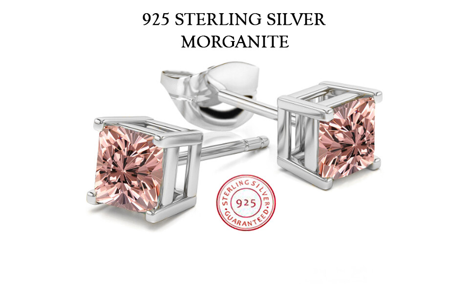 925 Sterling Silver Princess Cut Morganite Cubic Zirconia Stud Earrings Women’s