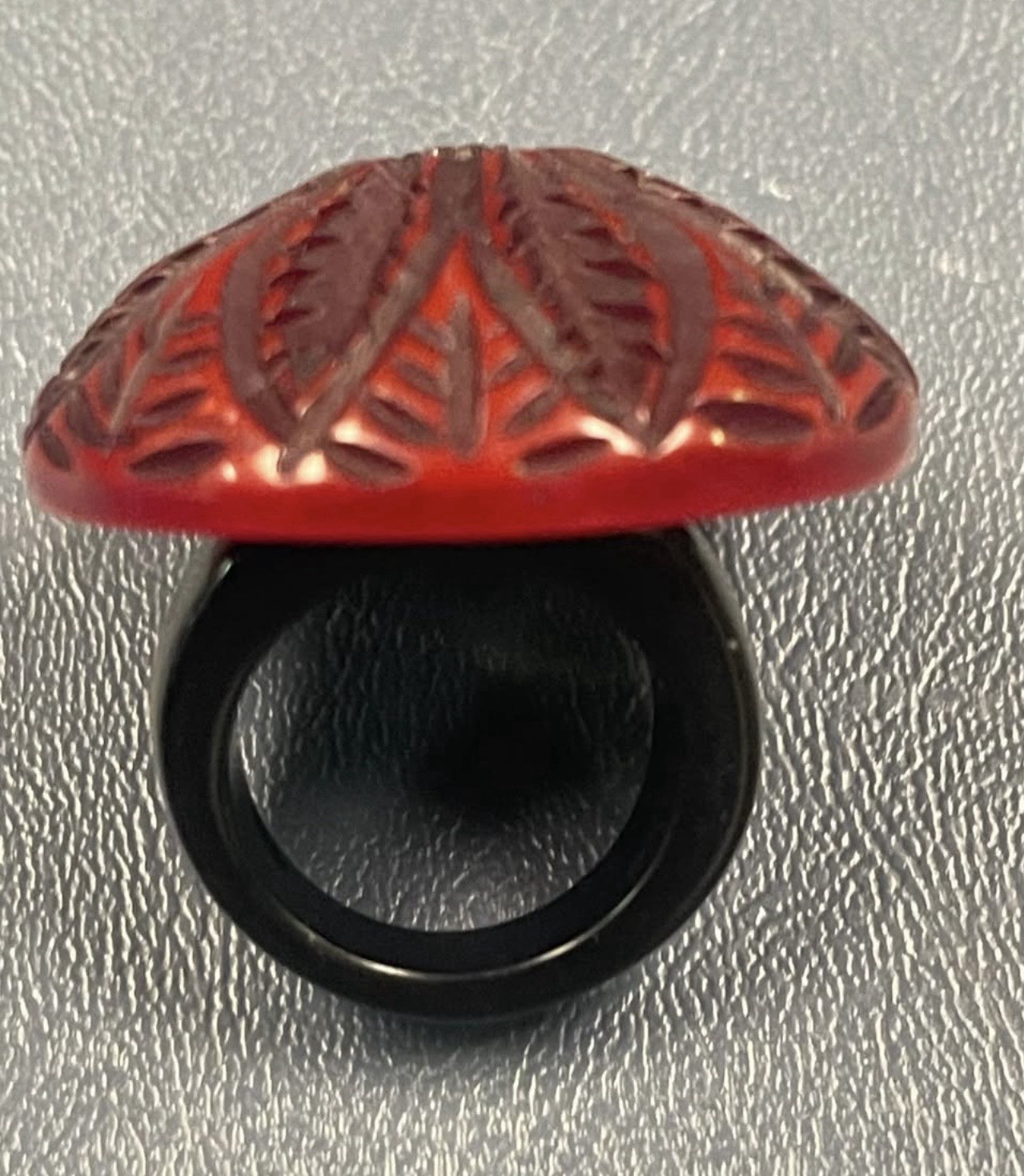 Hotcakes Design Signed Red Carved Floral Dome Cocktail Ring Resin Plastic Sz 7