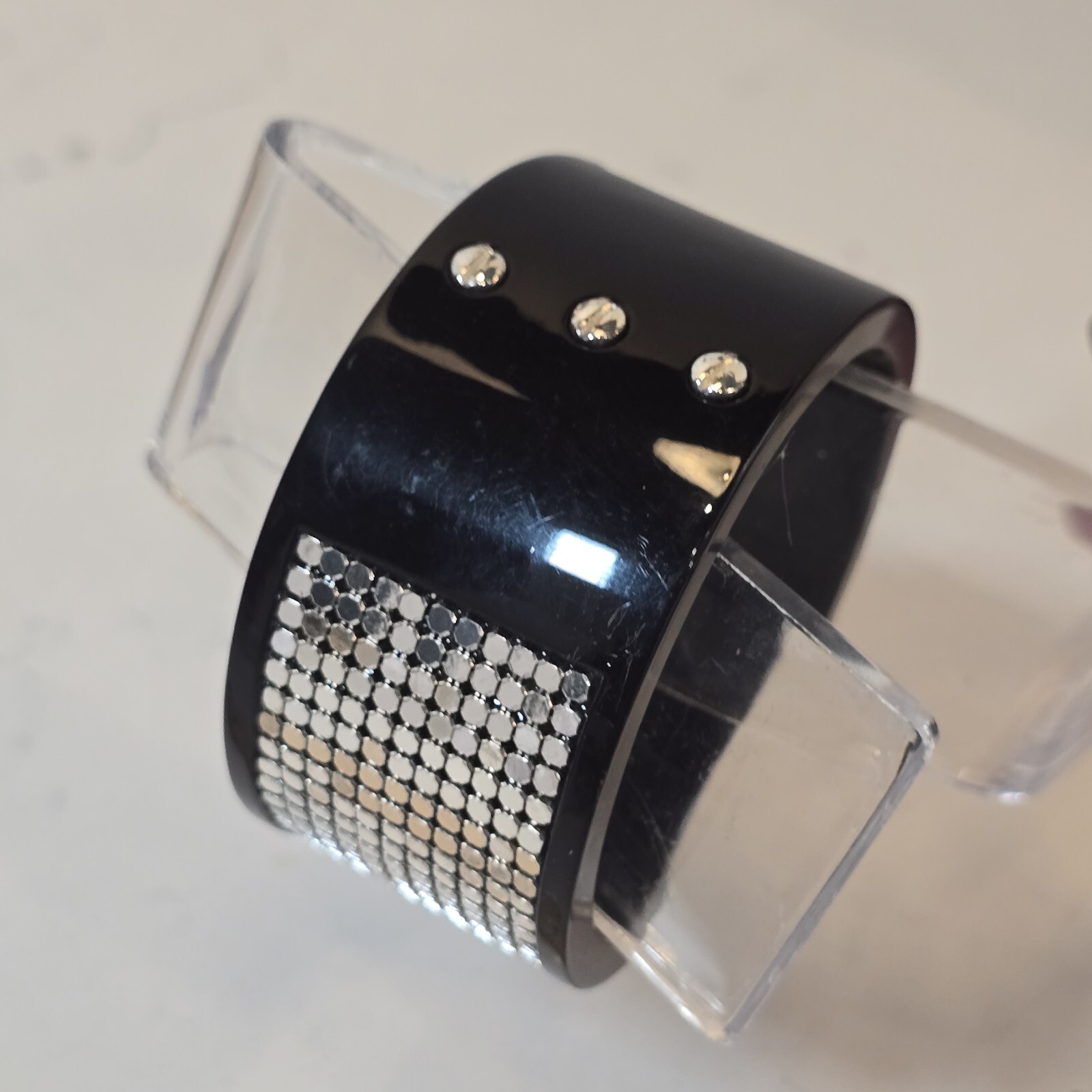 Signed DEREON Bangle Bracelet Wide Lucite Plastic and Liquid Metal Silver Black