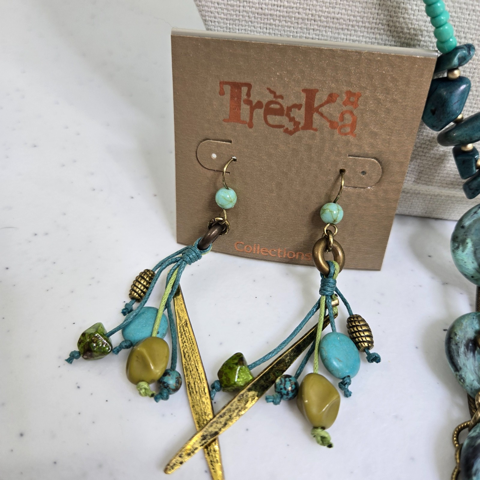 Treska Necklace Earrings Set Bracelet Blue Green Beaded Long Boho Gold Tone