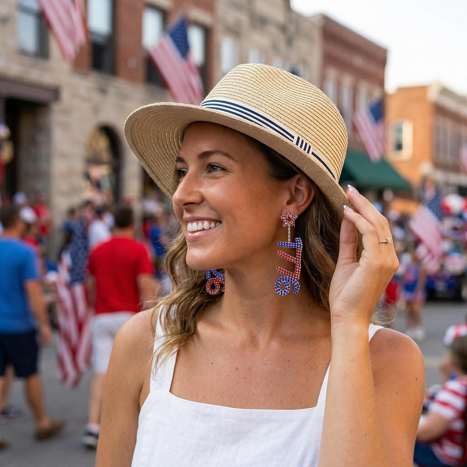 USA Flag Rhinestone Dangle Earrings, 250Th Anniversary 1776 Red