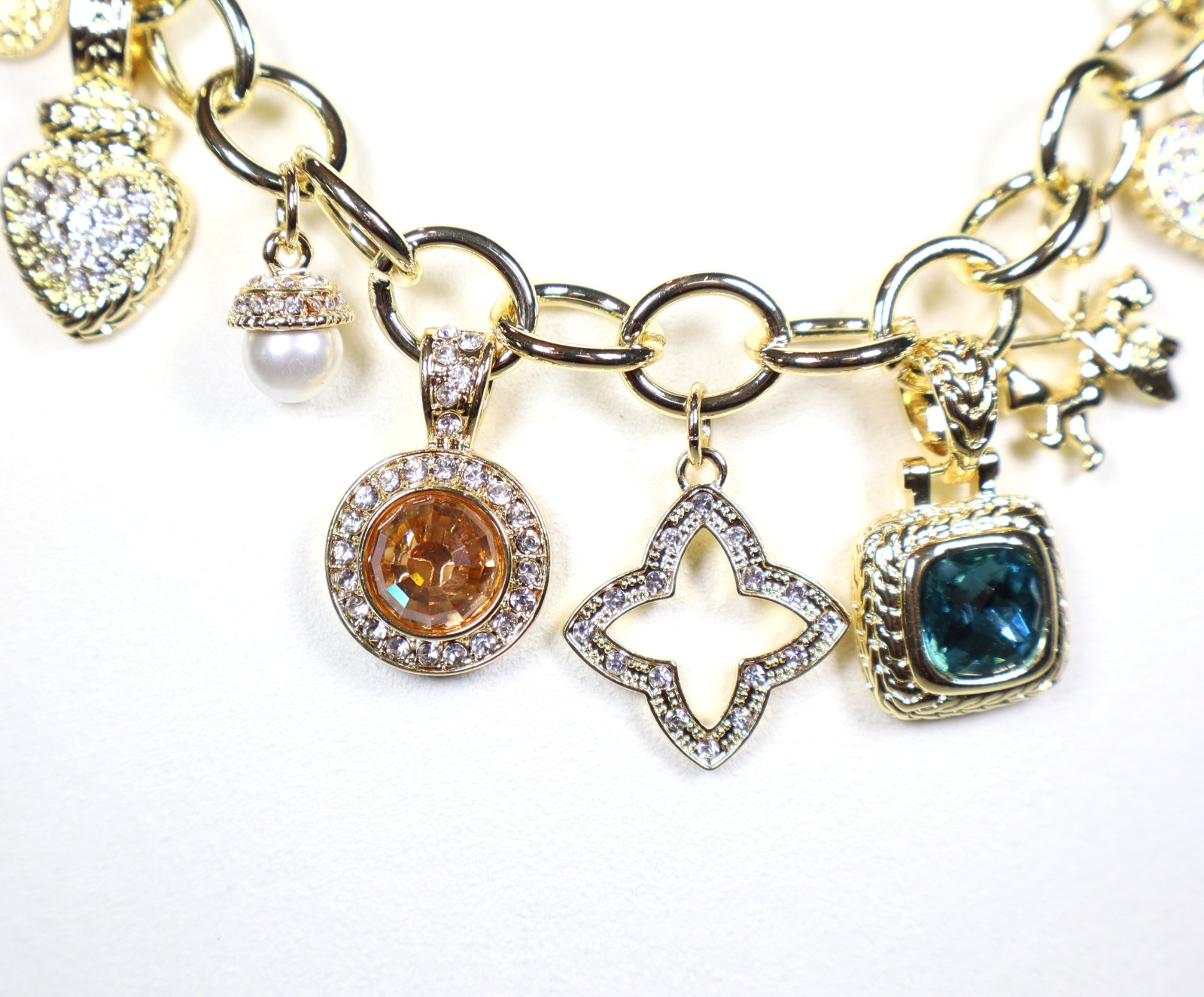 Charm Necklace Chunky Chain Link Gold Plated Cubic Zirconia Gemstone Charms