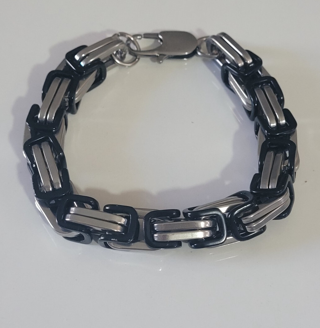 Stainless Steel 10mm Black & Silver Plated Byzantine Box Link Chain 8″ Bracelet