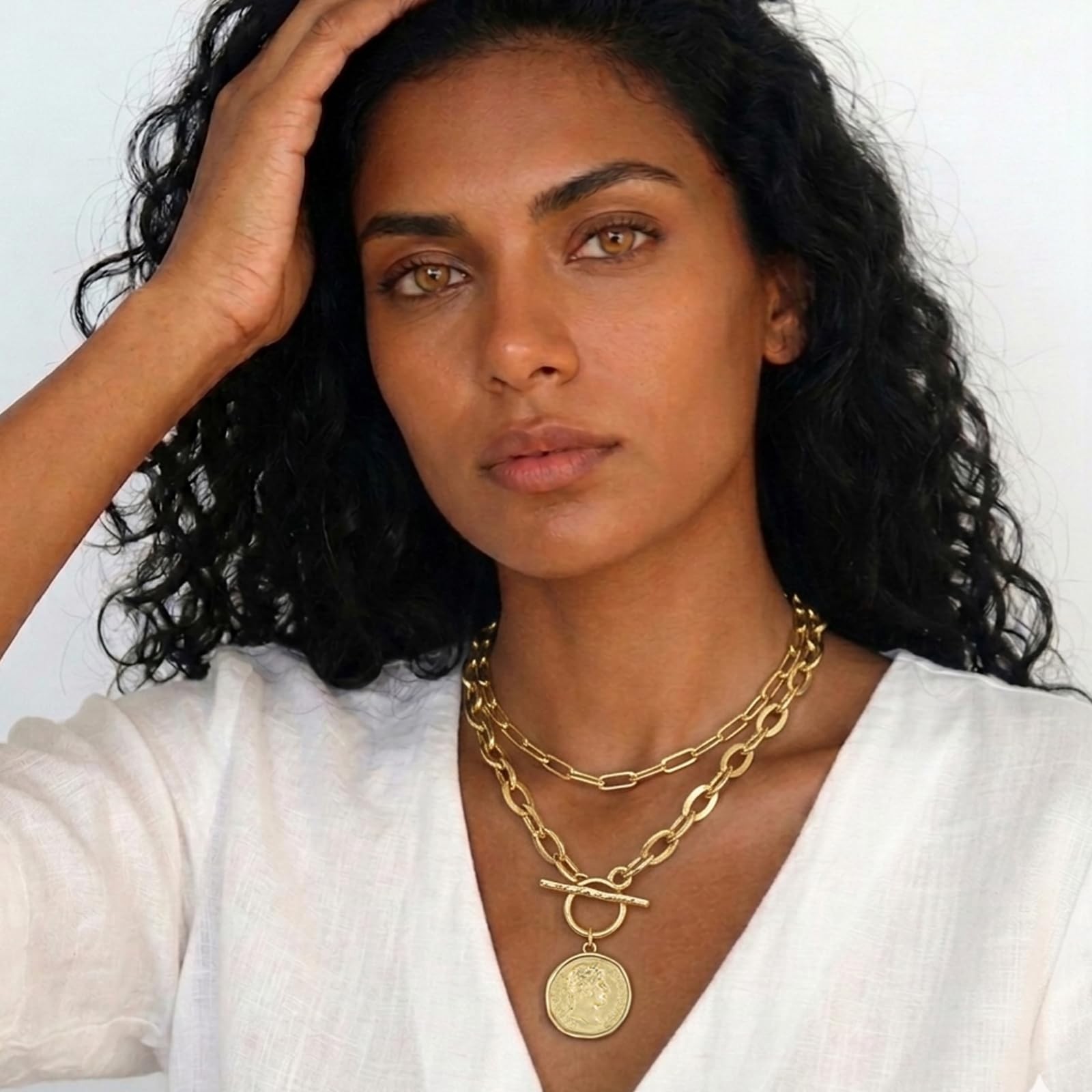 Husykam Chunky Roman Coin Antique Gold Plated Thick Link Chain 2Pcs Layered Set