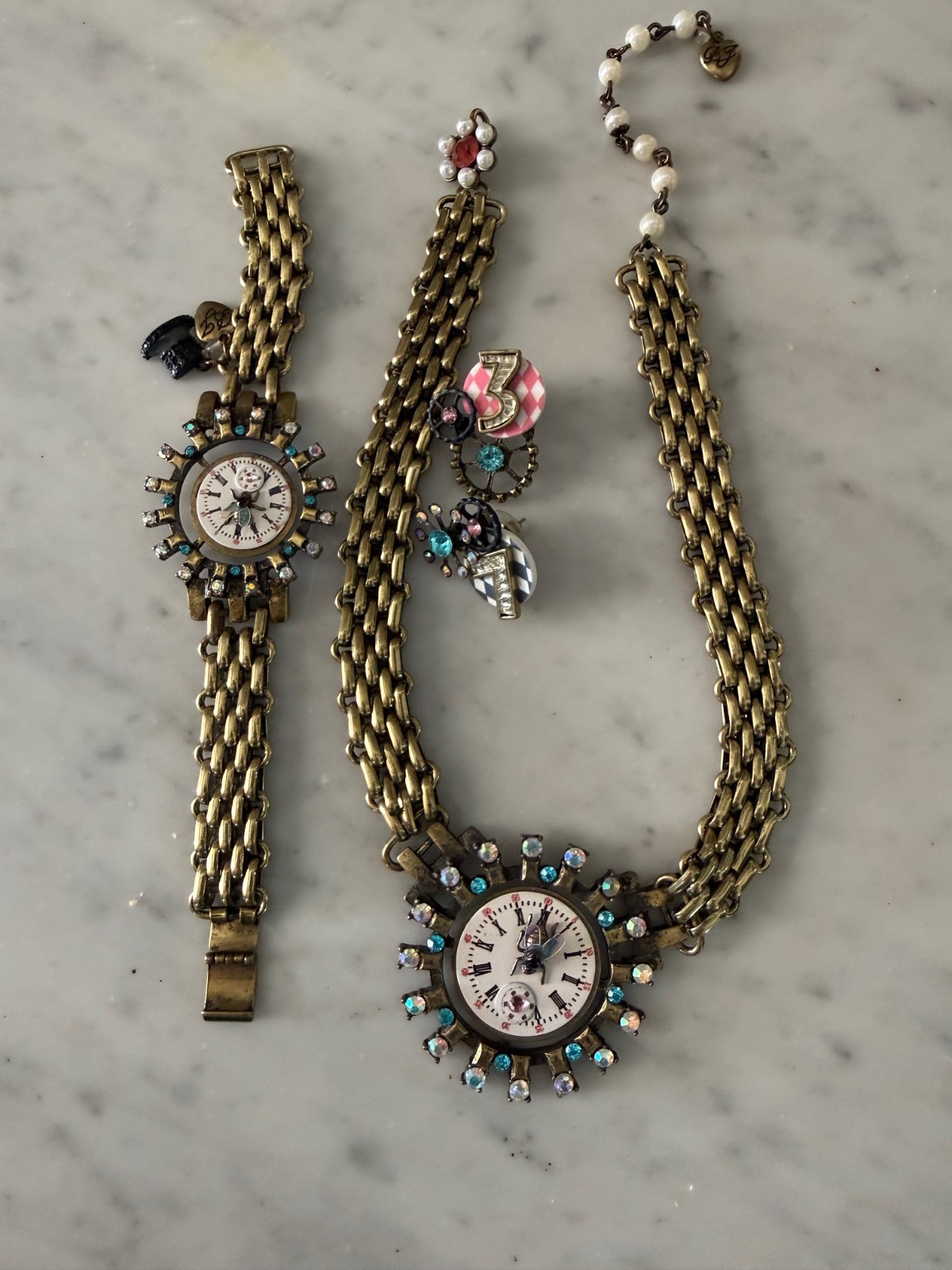 Betsy Johnson Wonderland Clock Bee Necklace Earings and Bracelet