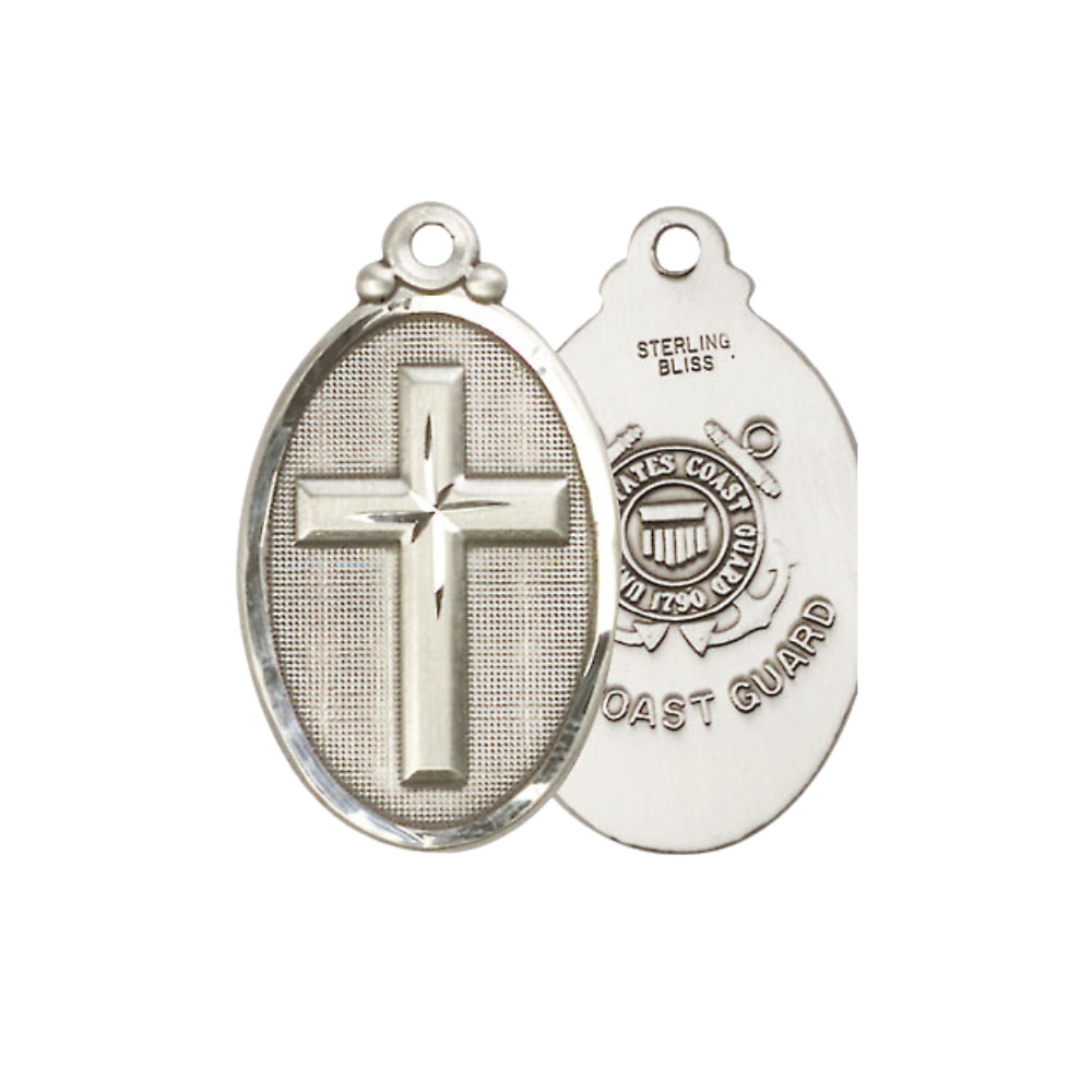Sterling Silver Cross Coast Guard Pendant 24″ Lobster Claw Chain Necklace