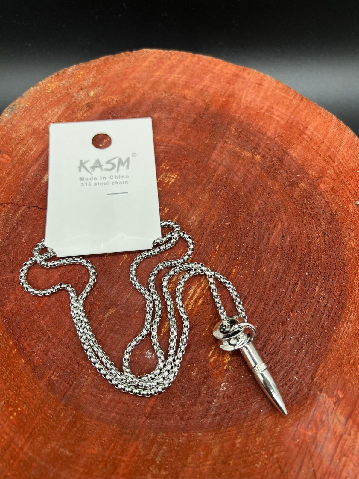 Stainless Steel Bullet Pendant Necklace 28” With Artificial Gemstone Inlay
