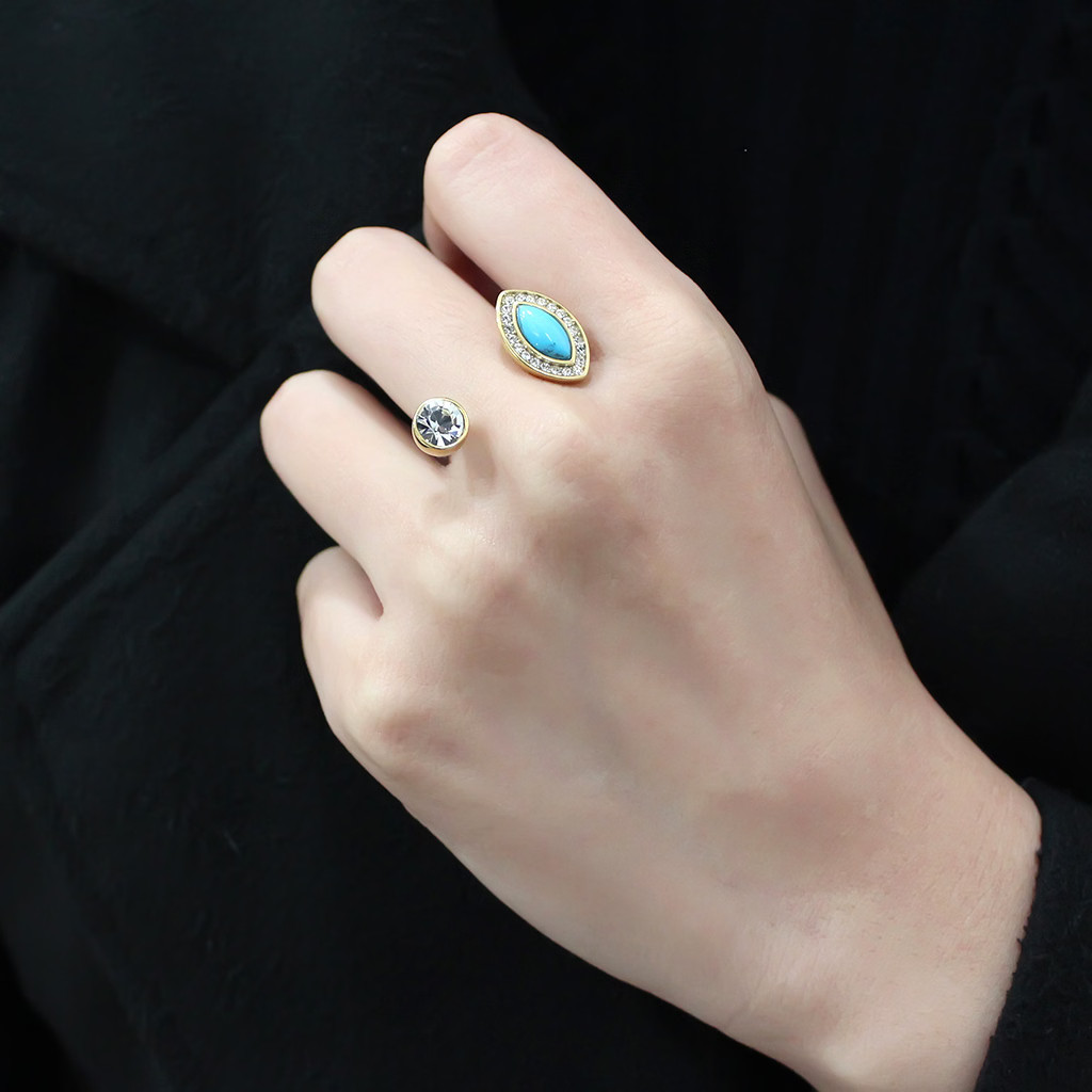 TK3592 – IP Gold(Ion Plating) Stainless Steel Ring with Synthetic Turquoise in T