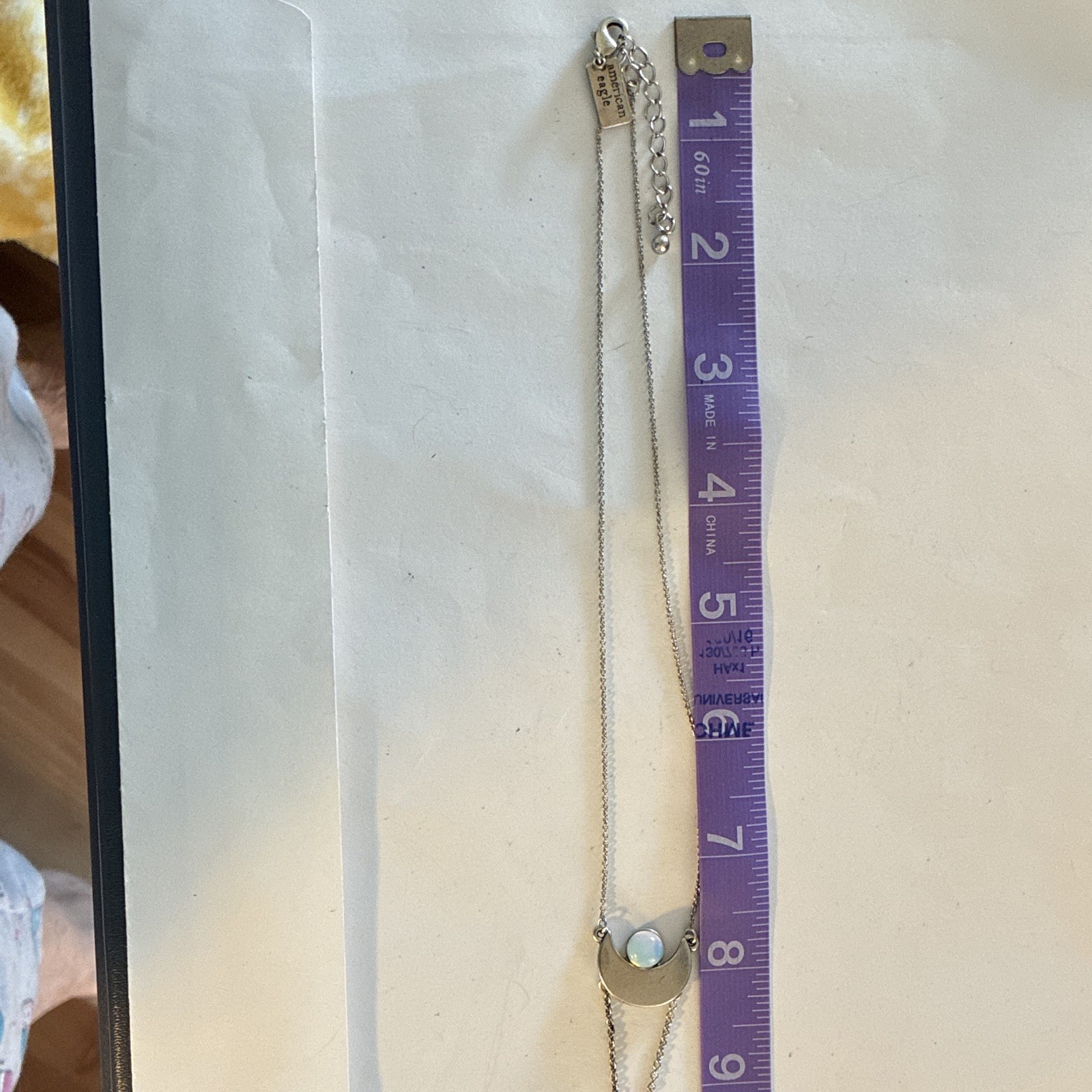 American Eagle Silver Tone Moon Pendant White Opal like glass Necklace 18″