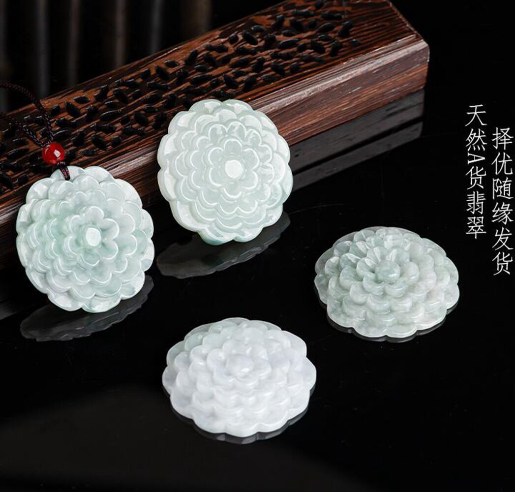 Certified Green Burma Natural Grade A Jade jadeite Peony Flower Pendant Necklace