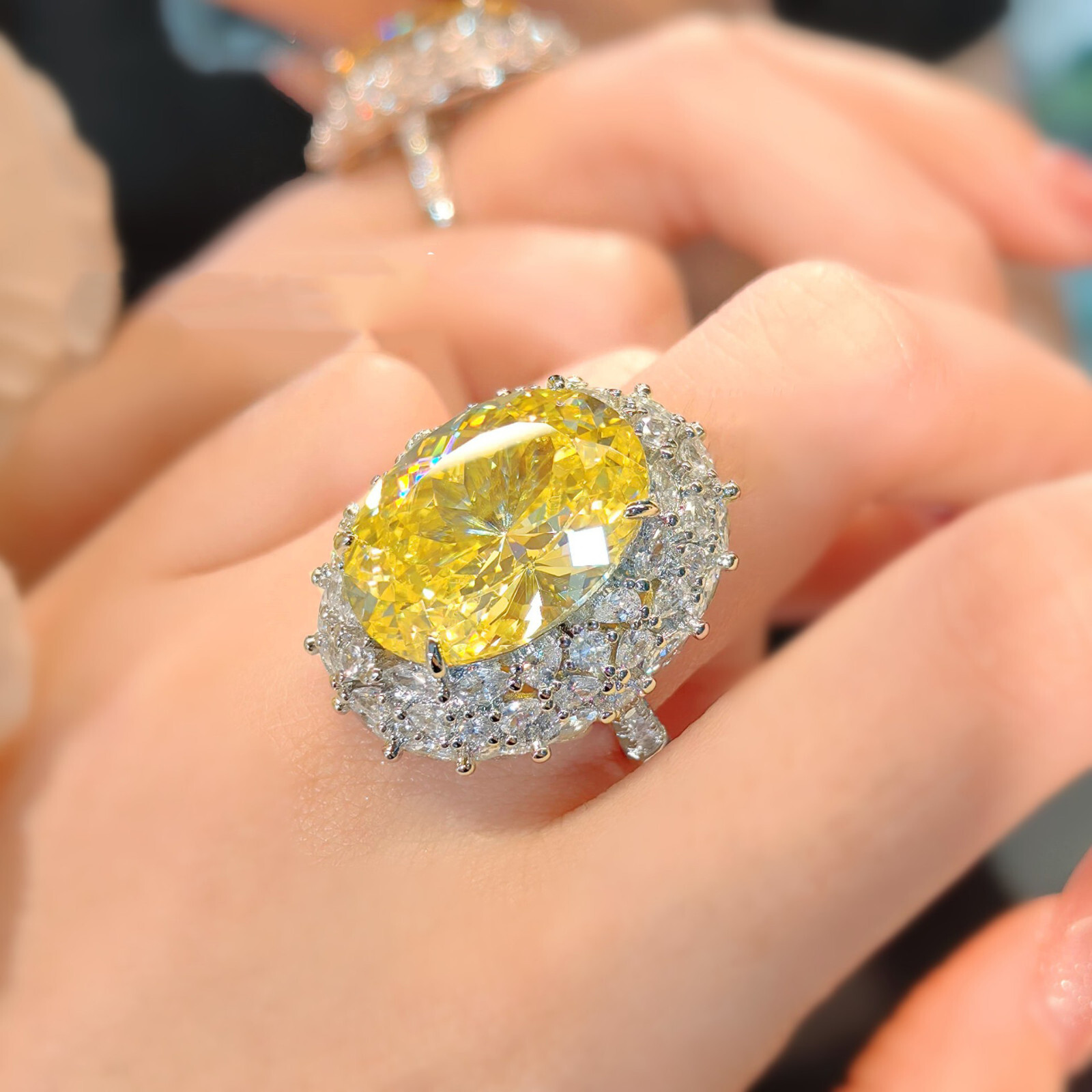 New 20mm Big Nest Cut Yellow Citrine White Topaz Gems Charm Silver Women Rings