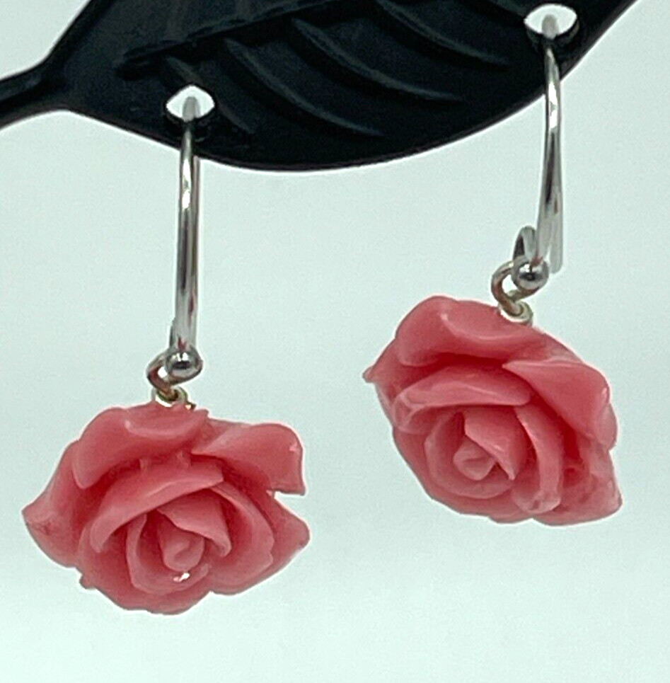 Earrings. Silver Tone Drops (1″) with Mauve Pink Rose Designs.
