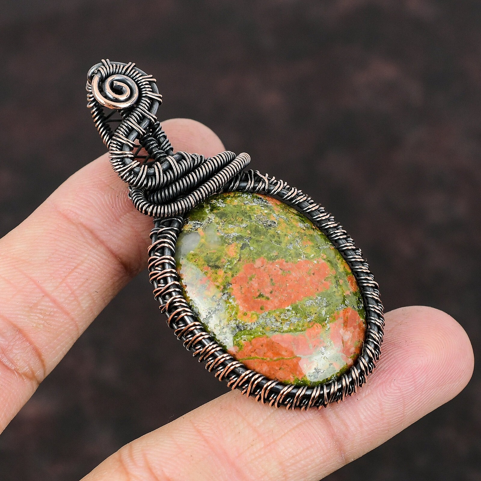 Unakite Gemstone Handmade Jewelry Copper Friend Gift Wire Wrapped Pendant 2.6″