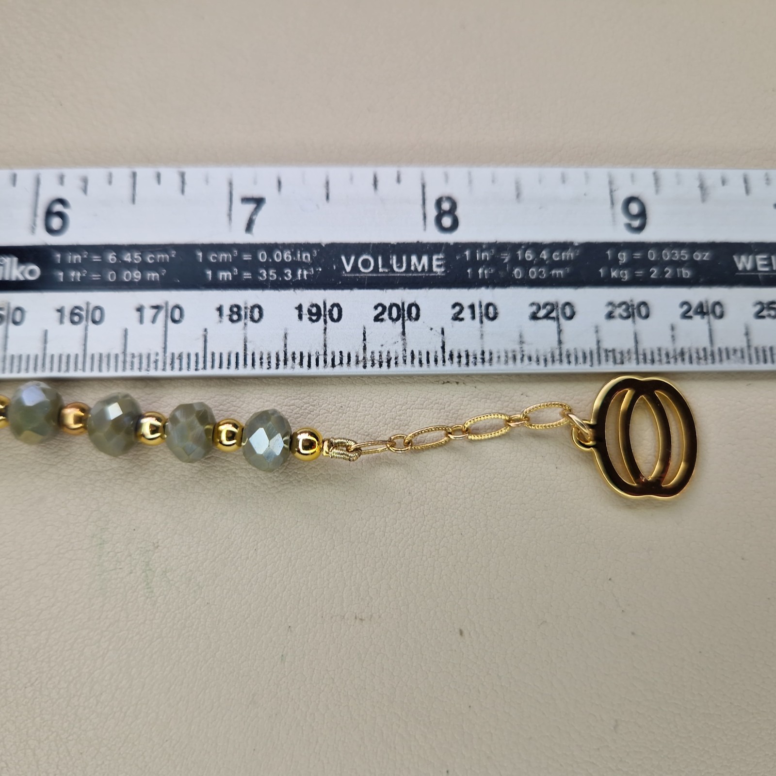 Nour London Bracelet Beaded Green Glass Gemstone Gold Tone 21cm Long