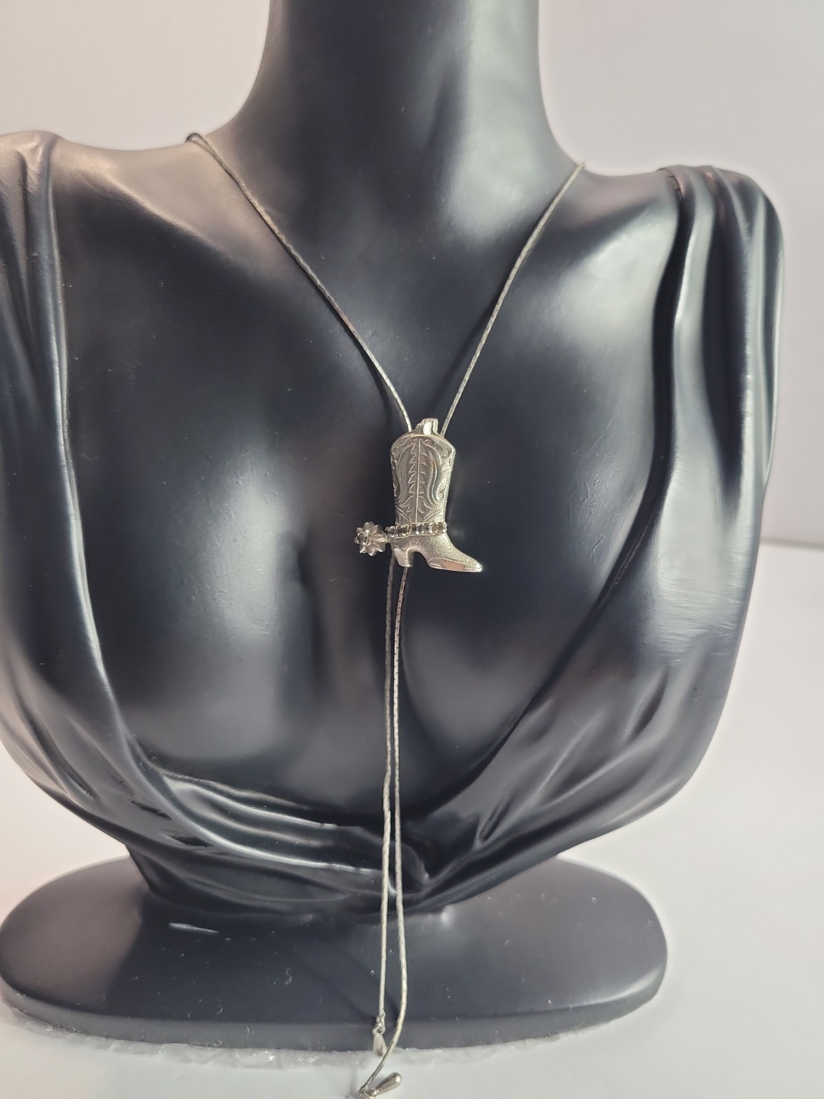 Western Cowboy Boot Lariat Pendant Necklace Silver Tone Rhinestone Spur Country