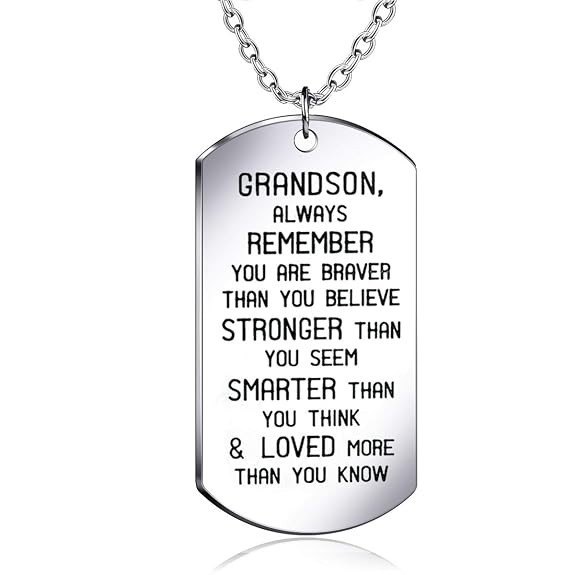 Grandson Always Remember Dog Tag Necklace Stainless Steel Inspirational Engraved