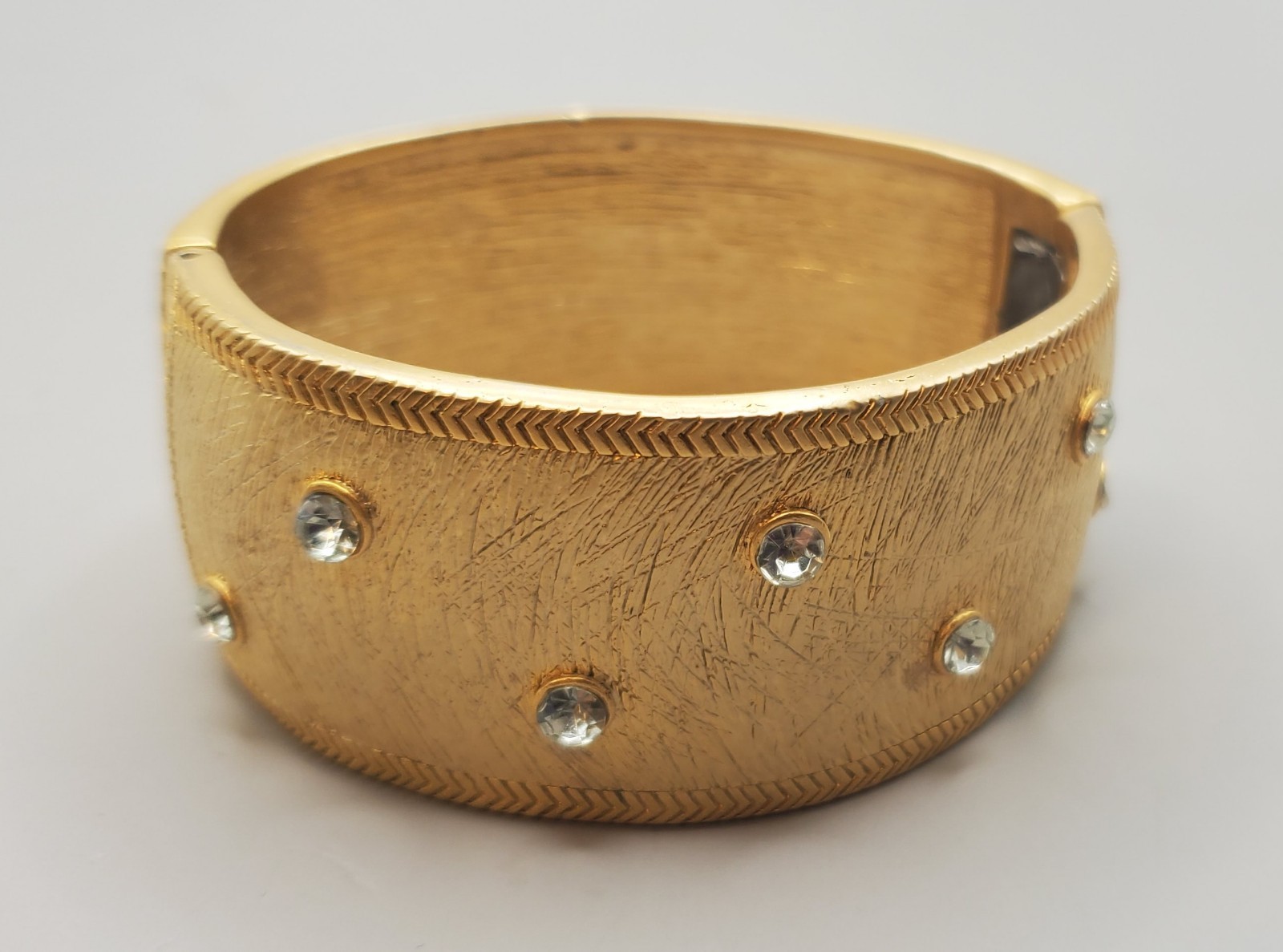 2 Gold Tone Hinged Bracelets: Red Blue Green Rhinestones, CZ Wide Brushed Finish