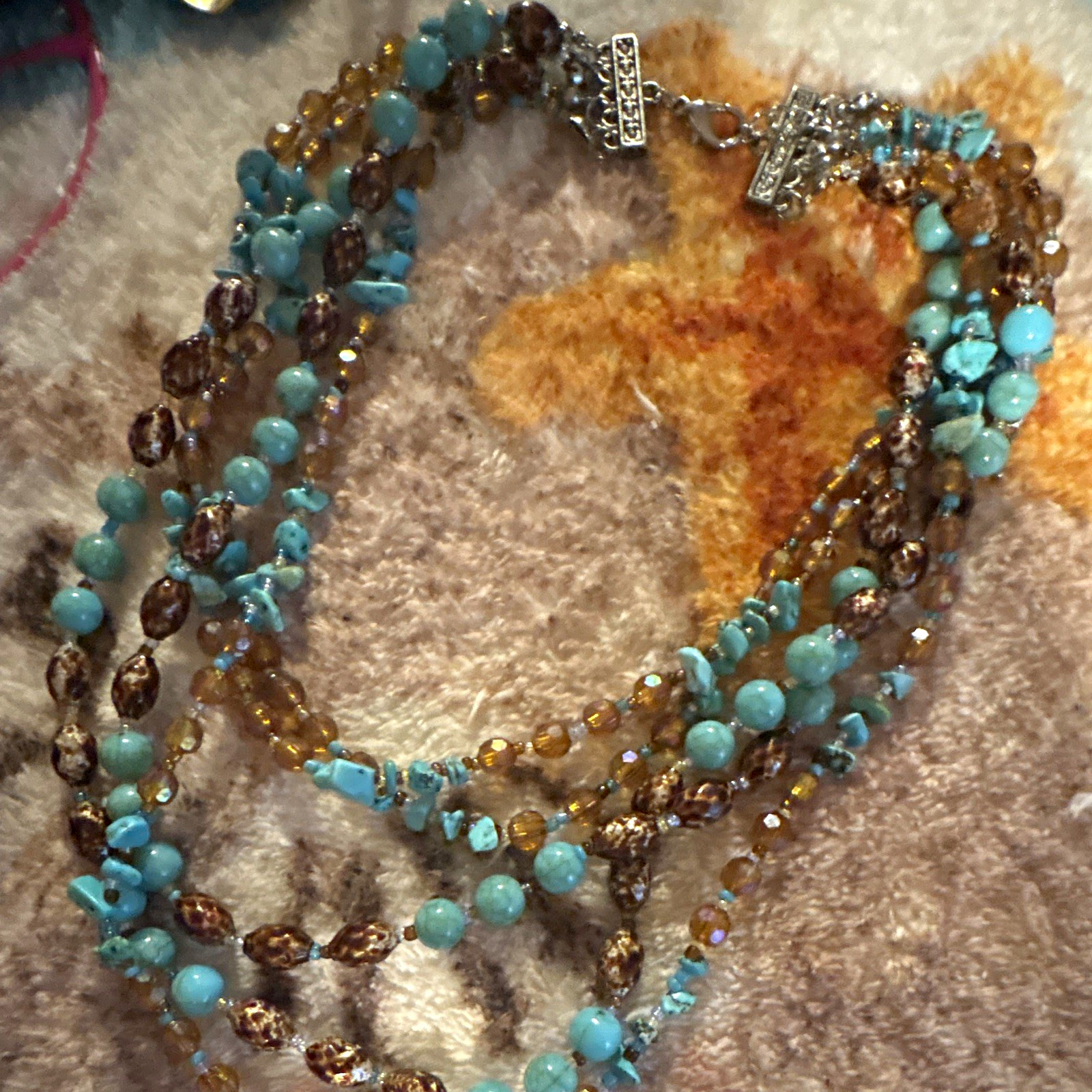 Multi-Strand Beaded Necklace, Blue Brown Round Turquoise & Crystal Beads, Charm