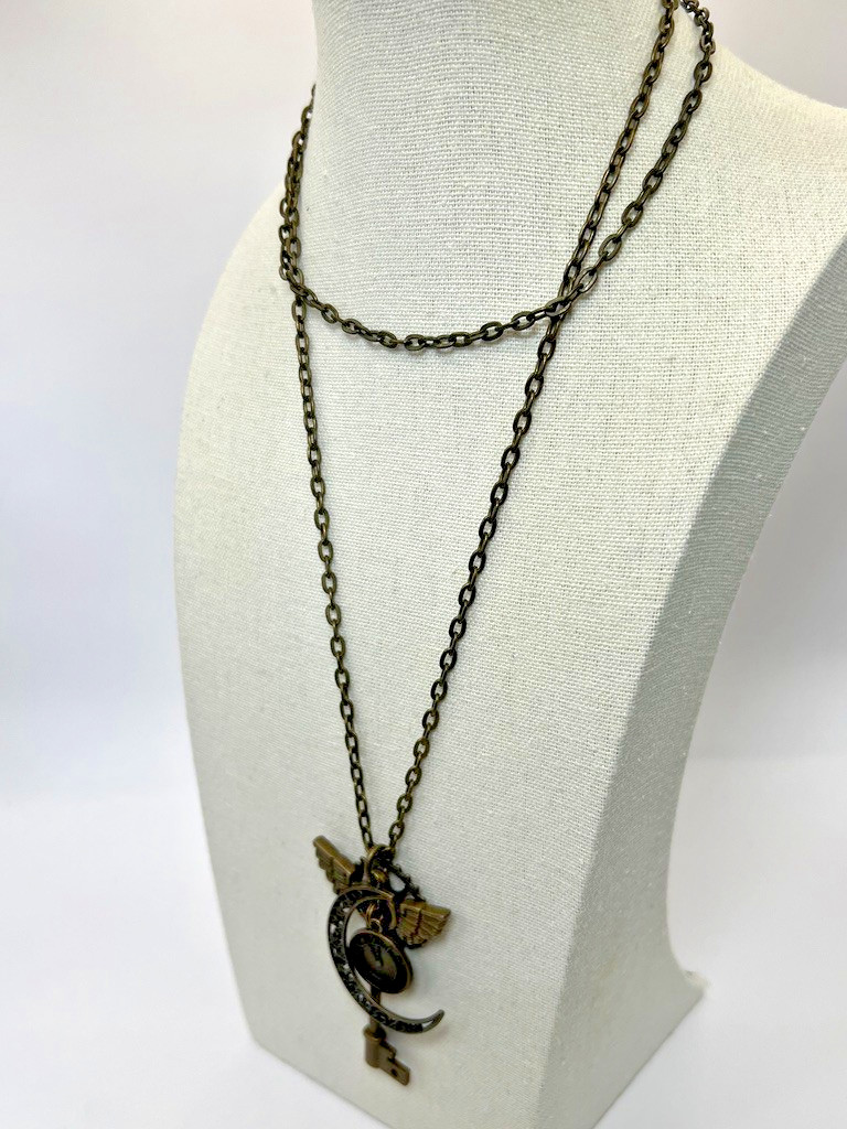 Whimsical Steampunk Charm Necklace Key Wing Clock Pendant Long