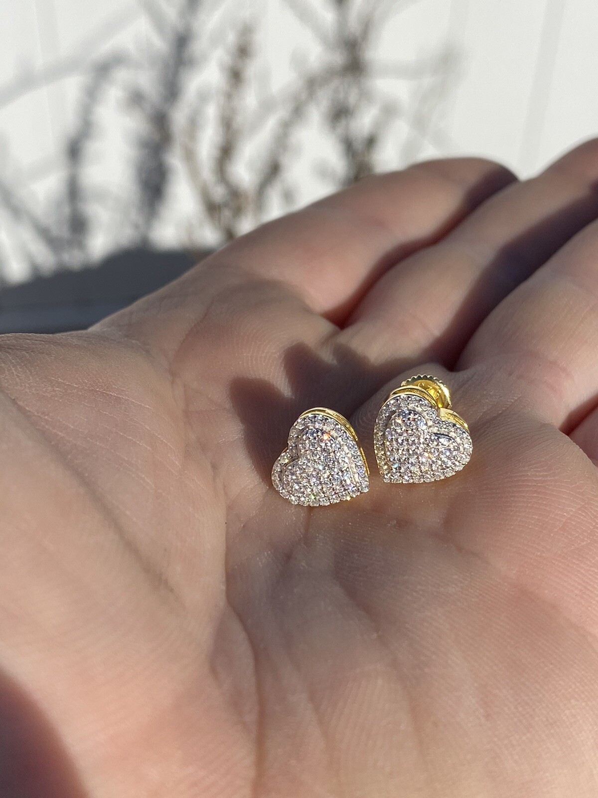 Real 925 Sterling Silver 14k Gold Plated Heart Shape Earrings Simulated Diamonds